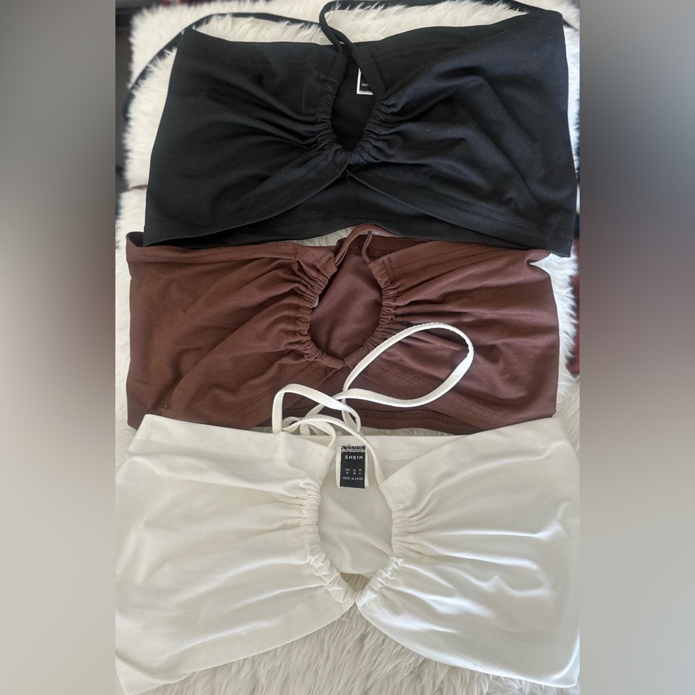 SHEIN Black, Brown, and White Ruched Tie Tops